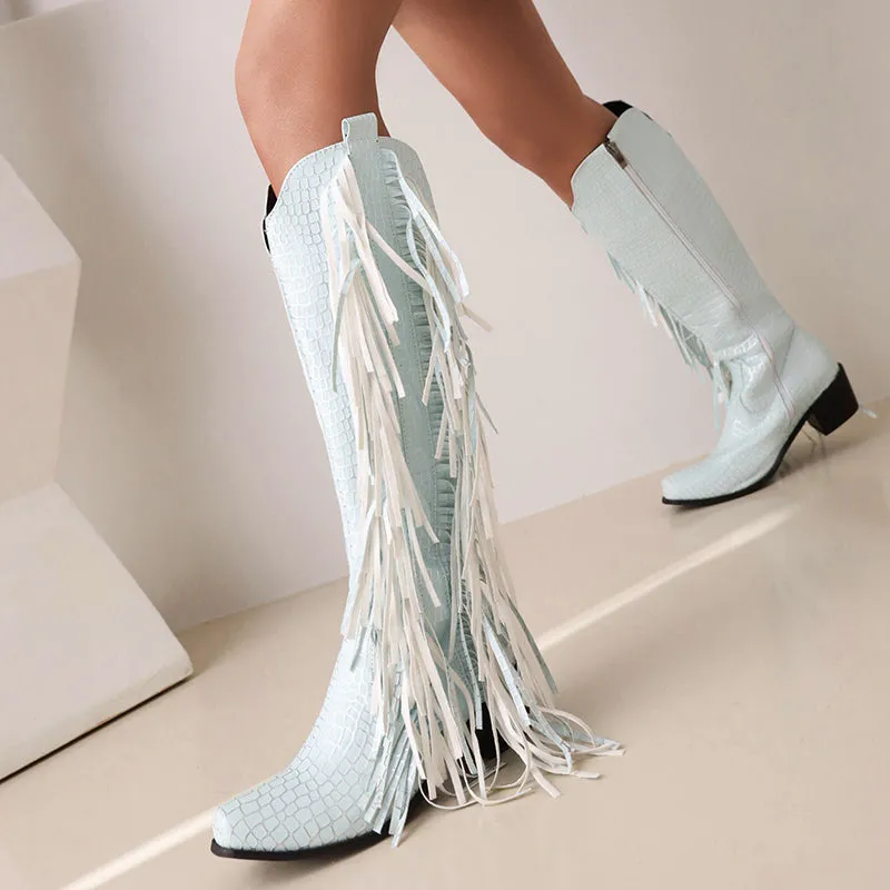 Block heels knee high fringe boots