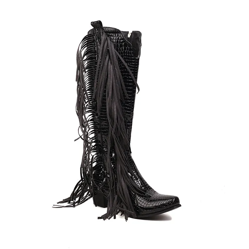 Block heels knee high fringe boots