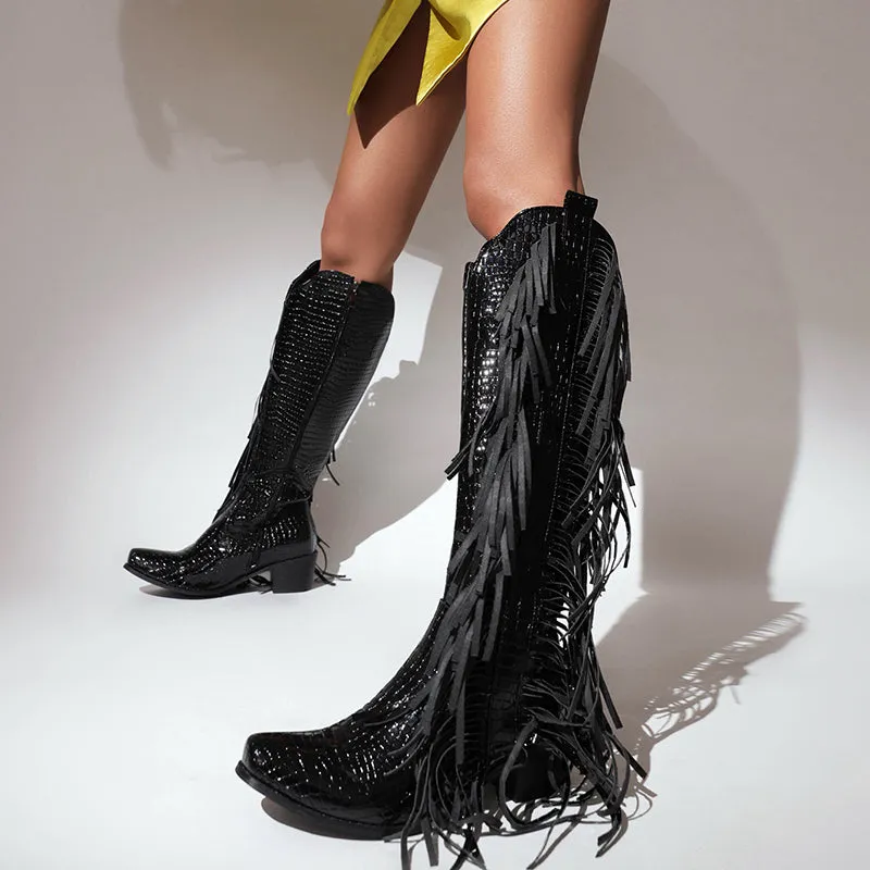Block heels knee high fringe boots