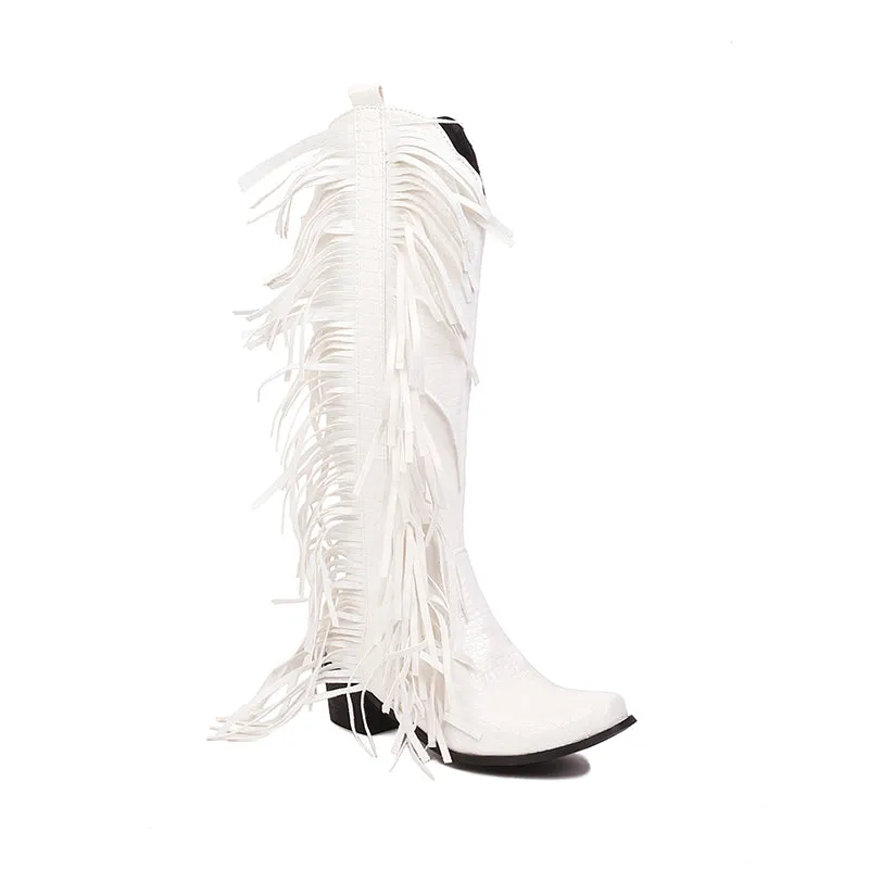 Block heels knee high fringe boots
