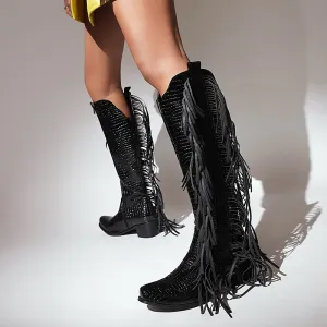 Block heels knee high fringe boots