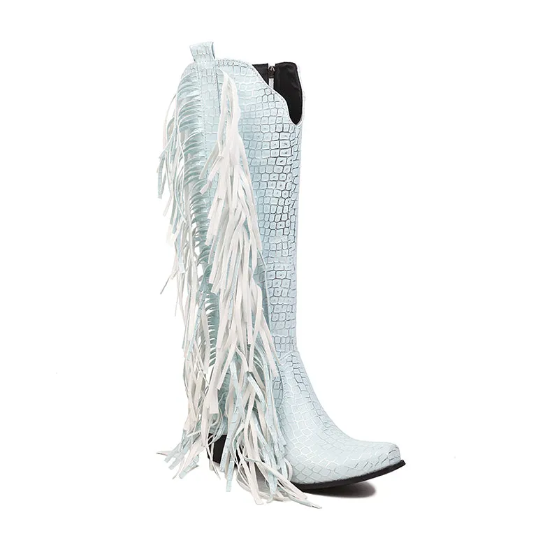 Block heels knee high fringe boots