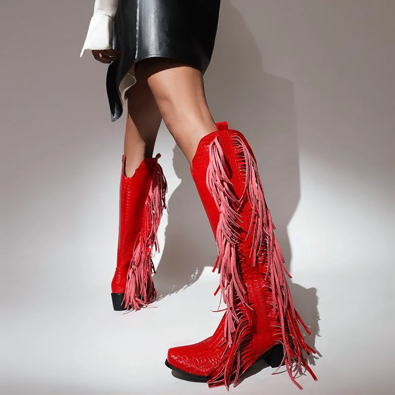 Block heels knee high fringe boots
