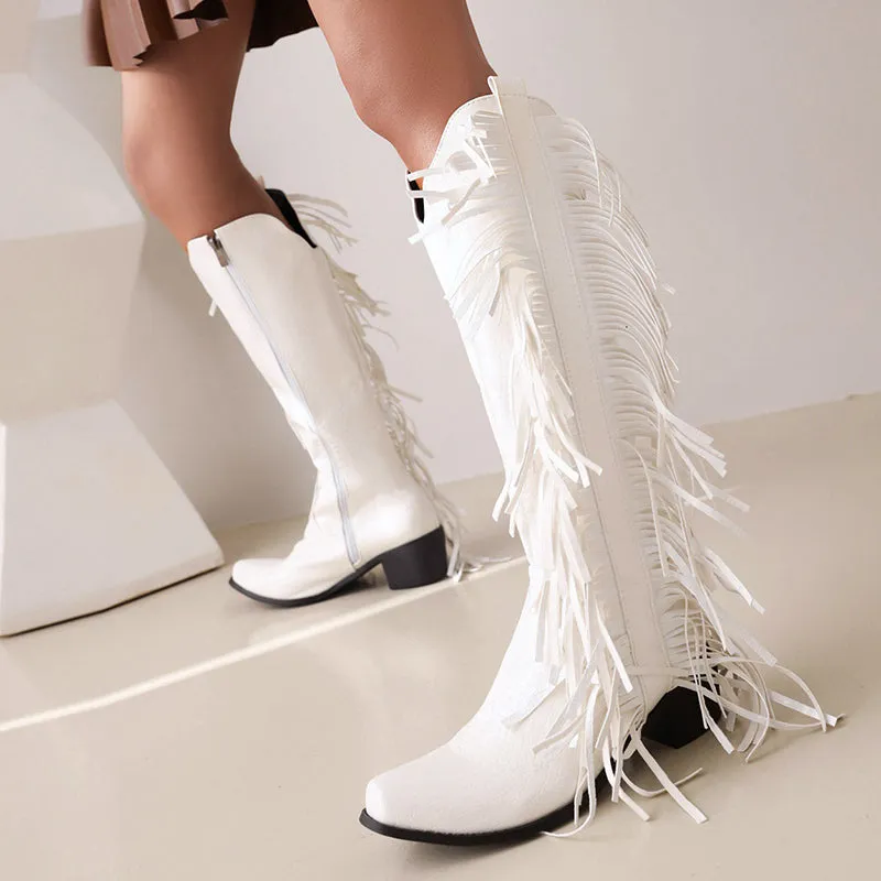 Block heels knee high fringe boots