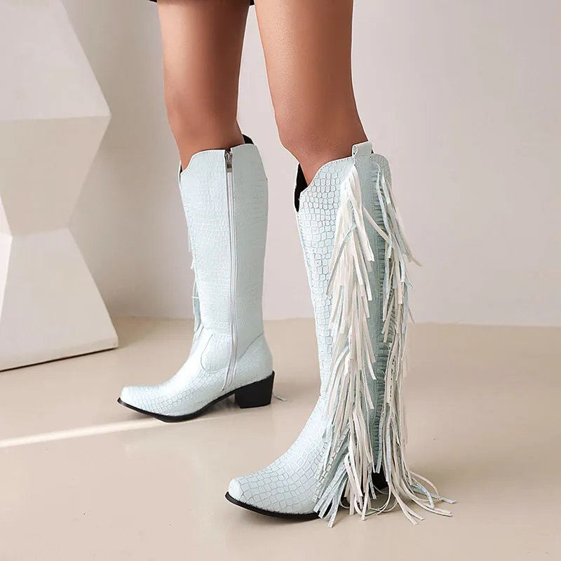 Block heels knee high fringe boots
