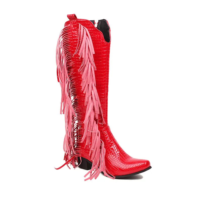 Block heels knee high fringe boots