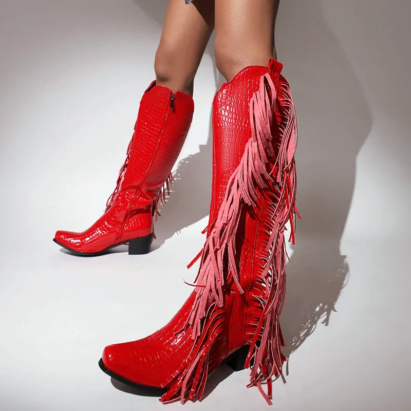 Block heels knee high fringe boots