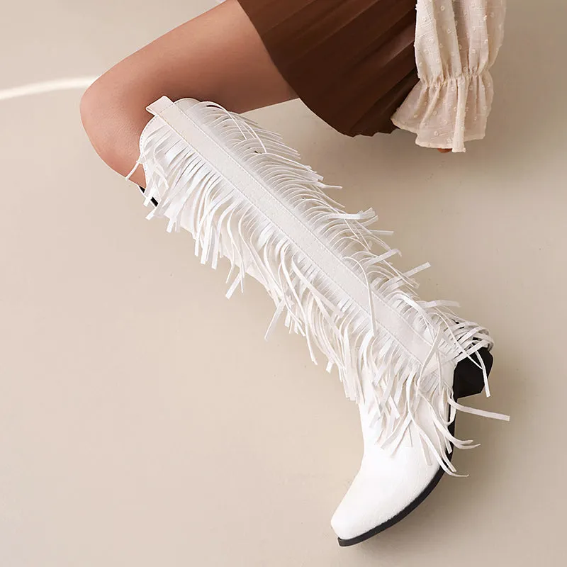 Block heels knee high fringe boots