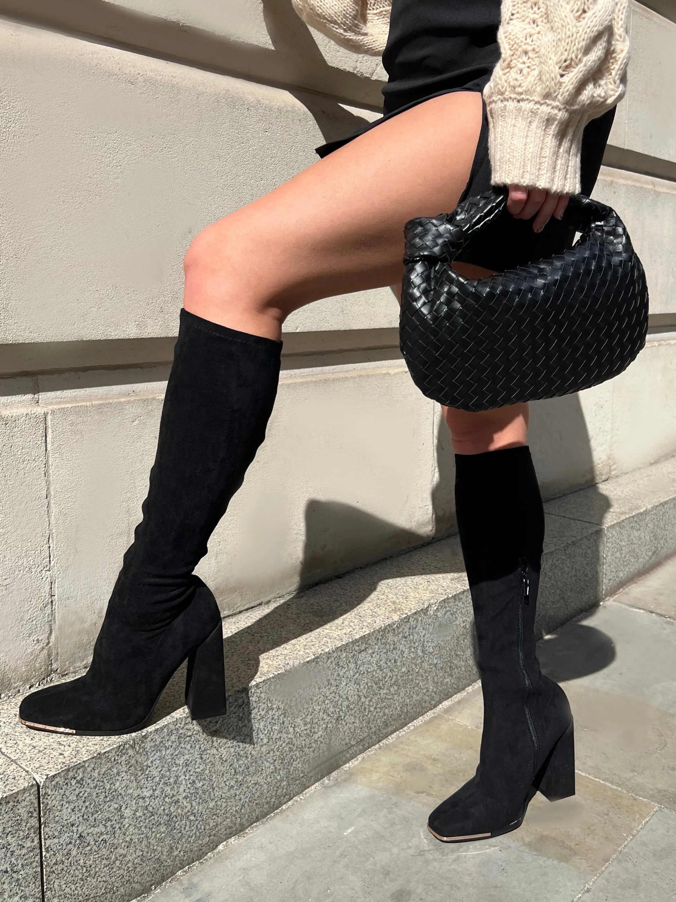 Caryn Black Faux Suede Knee High Heeled Boots