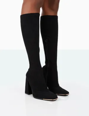 Caryn Black Faux Suede Knee High Heeled Boots