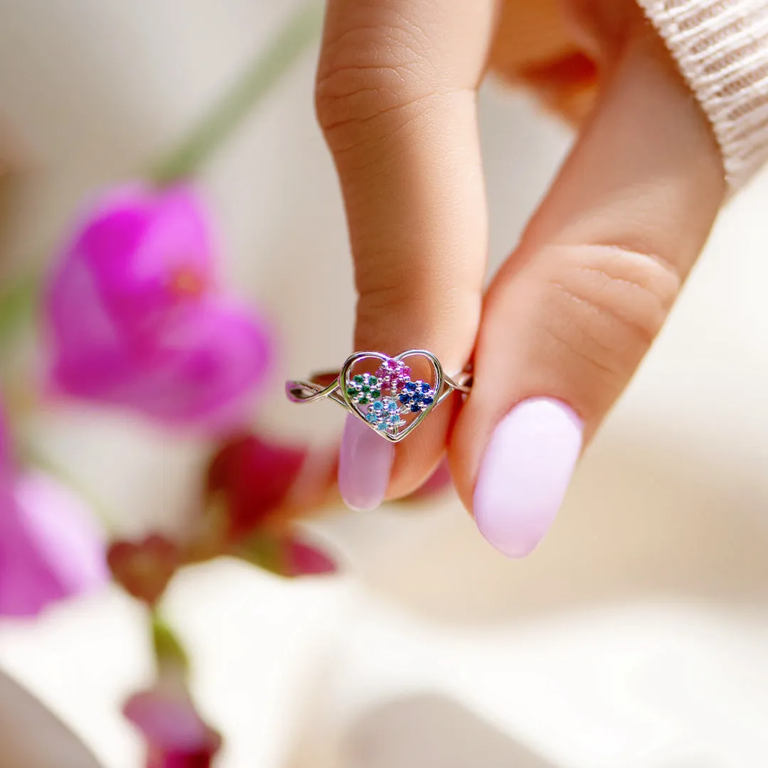 Mama's Heartbeats 1-5 Birthstones Flower Heart Ring