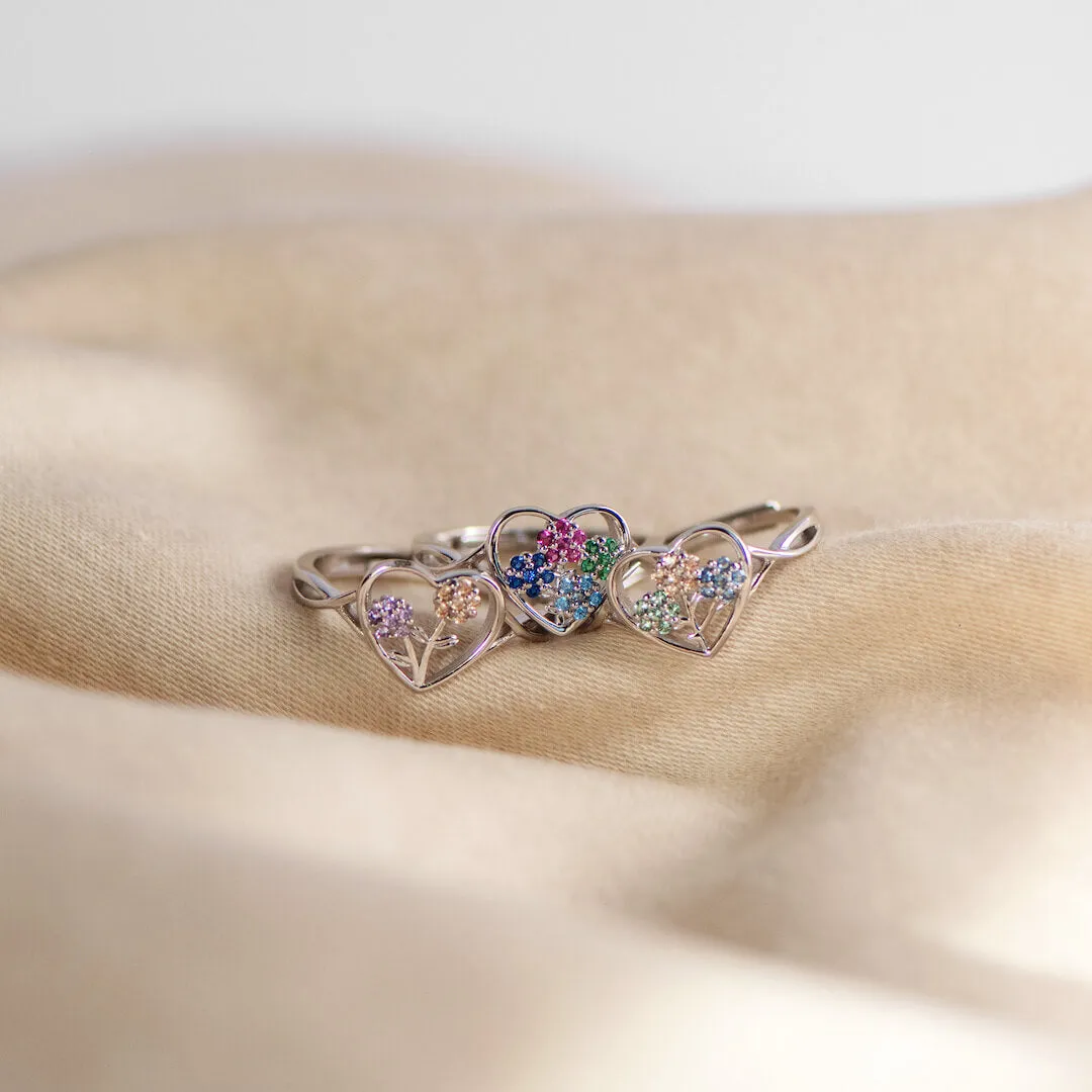 Mama's Heartbeats 1-5 Birthstones Flower Heart Ring