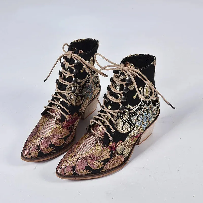 New Thick Heel Lace-up Women's Shoes Embroidered 35-43 Plus Size Fashion Retro Warm Short Boot Botas Femininas 2023