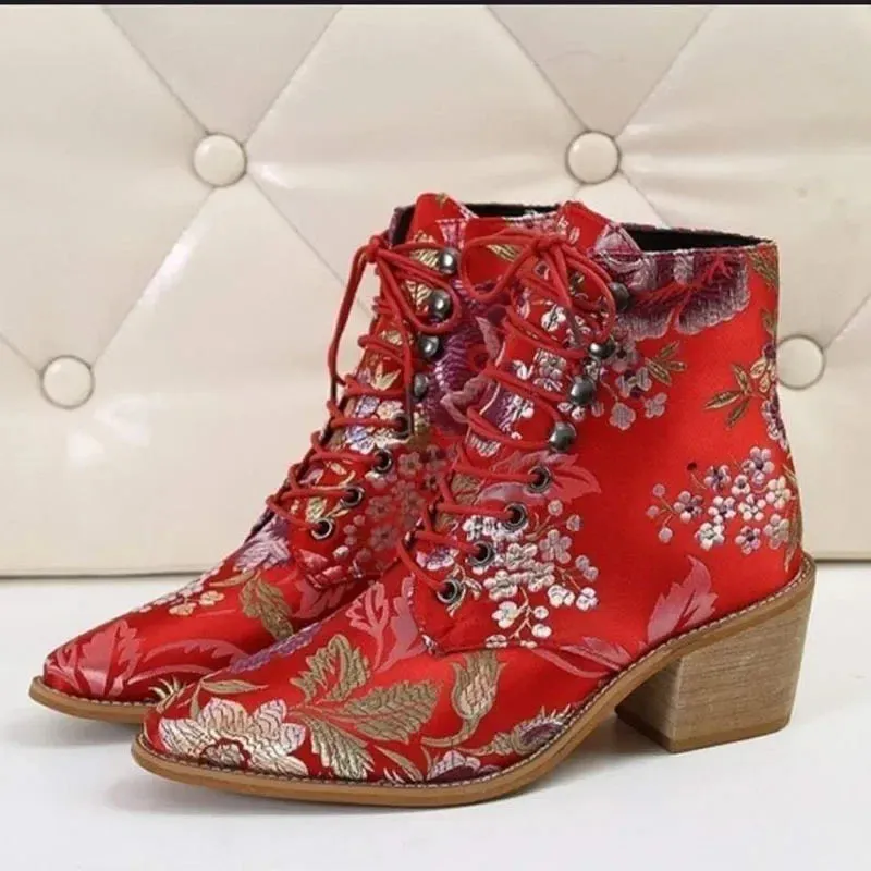 New Thick Heel Lace-up Women's Shoes Embroidered 35-43 Plus Size Fashion Retro Warm Short Boot Botas Femininas 2023