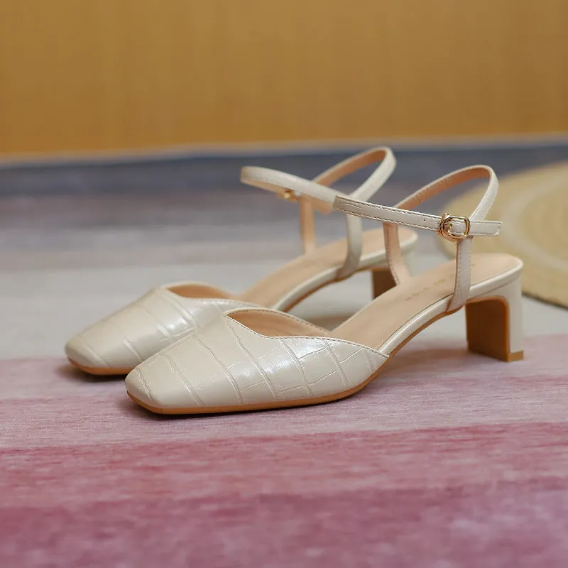 Nude Block Heels Closed Toe Spring Chunky Heels Casual Fashionable Shoes