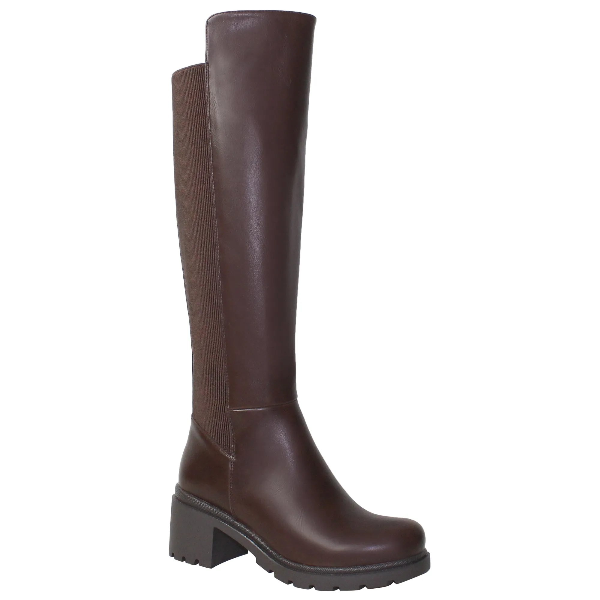SOBEYO Women's Boots Knee High Chunky Heels Elastics Side Zipper Closure Brown