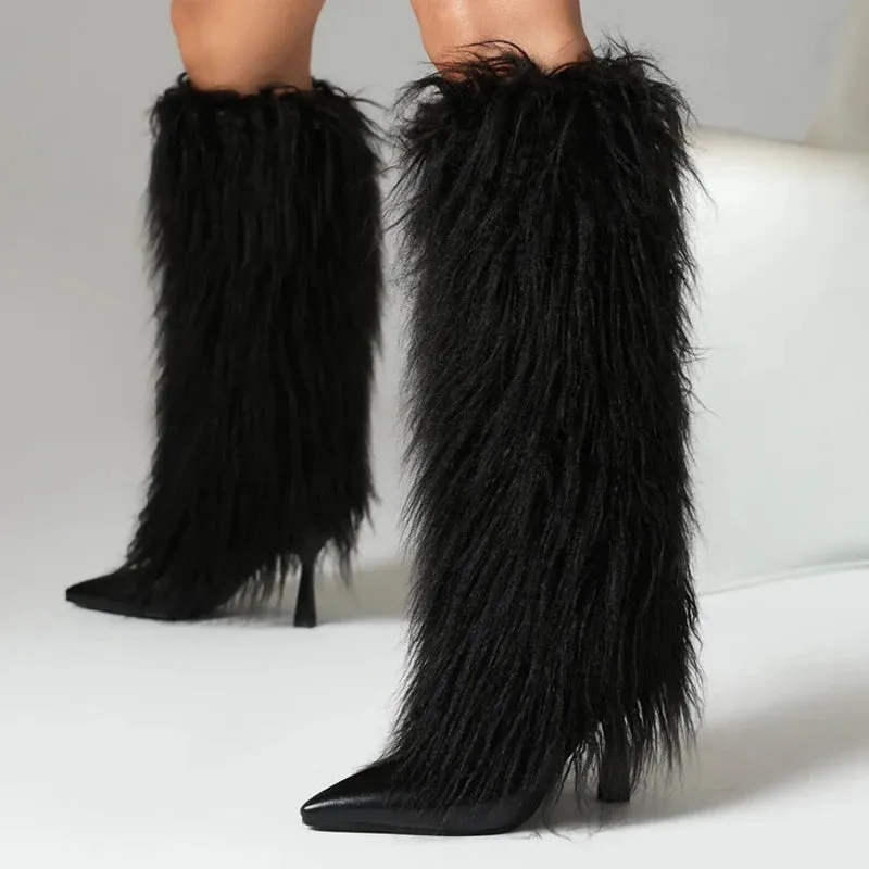Trend4us Women's Faux Fur Stiletto Fluffy Knee-High Boots